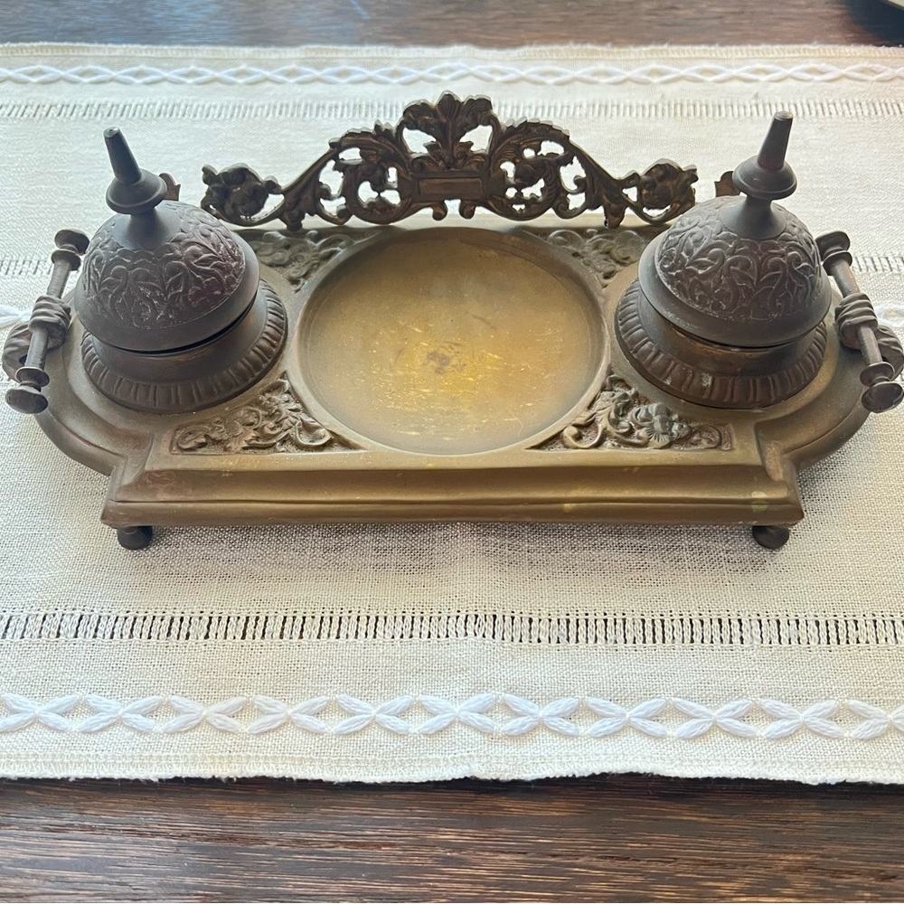 Antique Rococo Brass Inkwell – French Ink Well Tray - Victorian Desk Decor